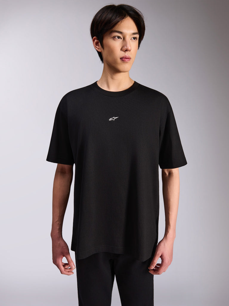 Alpinestars Focused Oversized CSF Tee, Short Sleeve T-Shirt, Black, small white Astars logo on the center chest, relaxed oversized fit, casual motorsport-inspired streetwear