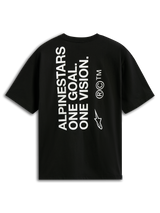 Alpinestars One Oversized CSF Tee, Short Sleeve T-Shirt, Black, back view with vertical white 'ALPINESTARS ONE GOAL. ONE VISION.' text and Astars logo, casual motorsport streetwear