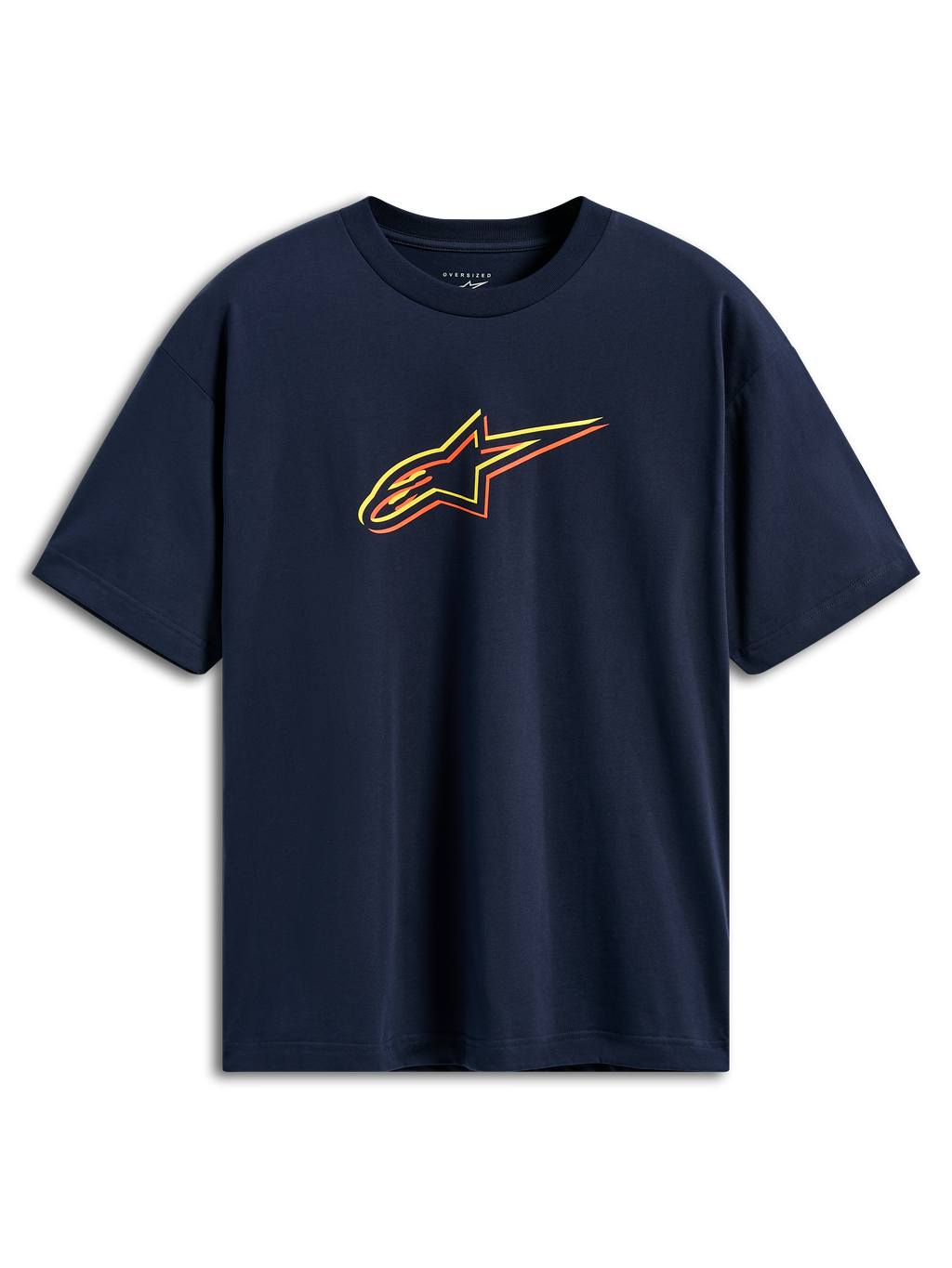 Alpinestars Alter Oversized CSF Tee, kortærmet t-shirt, navyblå, Astars-logo med gule, orange og røde farveforskydnings-konturer, casual motorsport-streetwear