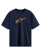 Alpinestars Alter Oversized CSF Tee, kortærmet t-shirt, navyblå, Astars-logo med gule, orange og røde farveforskydnings-konturer, casual motorsport-streetwear