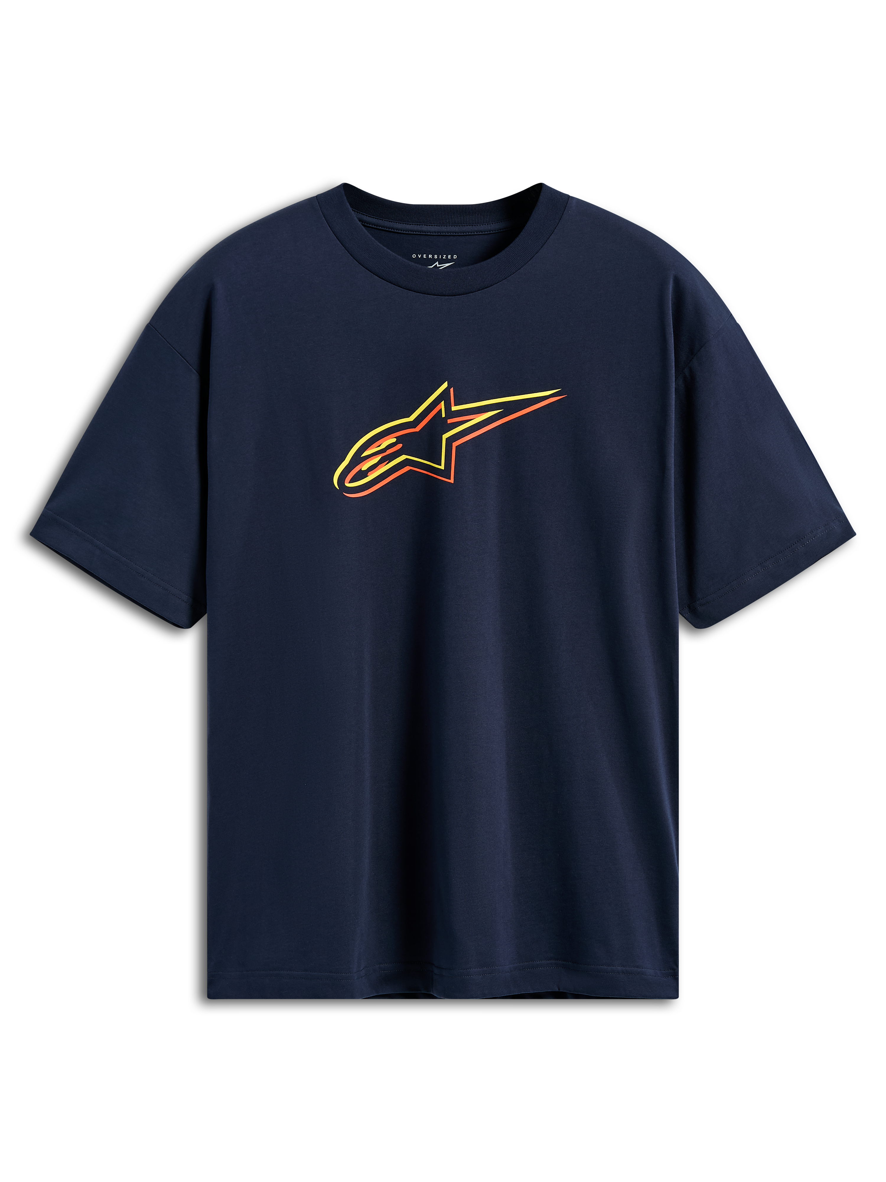 Alpinestars Alter Oversized CSF Tee, kortærmet t-shirt, navyblå, Astars-logo med gule, orange og røde farveforskydnings-konturer, casual motorsport-streetwear