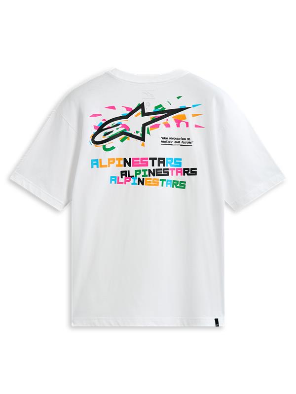 Alpinestars Wild Oversized CSF Tee, hvid kortærmet t-shirt set bagfra med livligt flerfarvet logografik og tekstprint