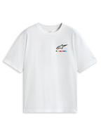 Alpinestars Wild Oversized CSF Tee, hvid kortærmet t-shirt med livligt flerfarvet logo på brystet, afslappet motorsport sportstøj