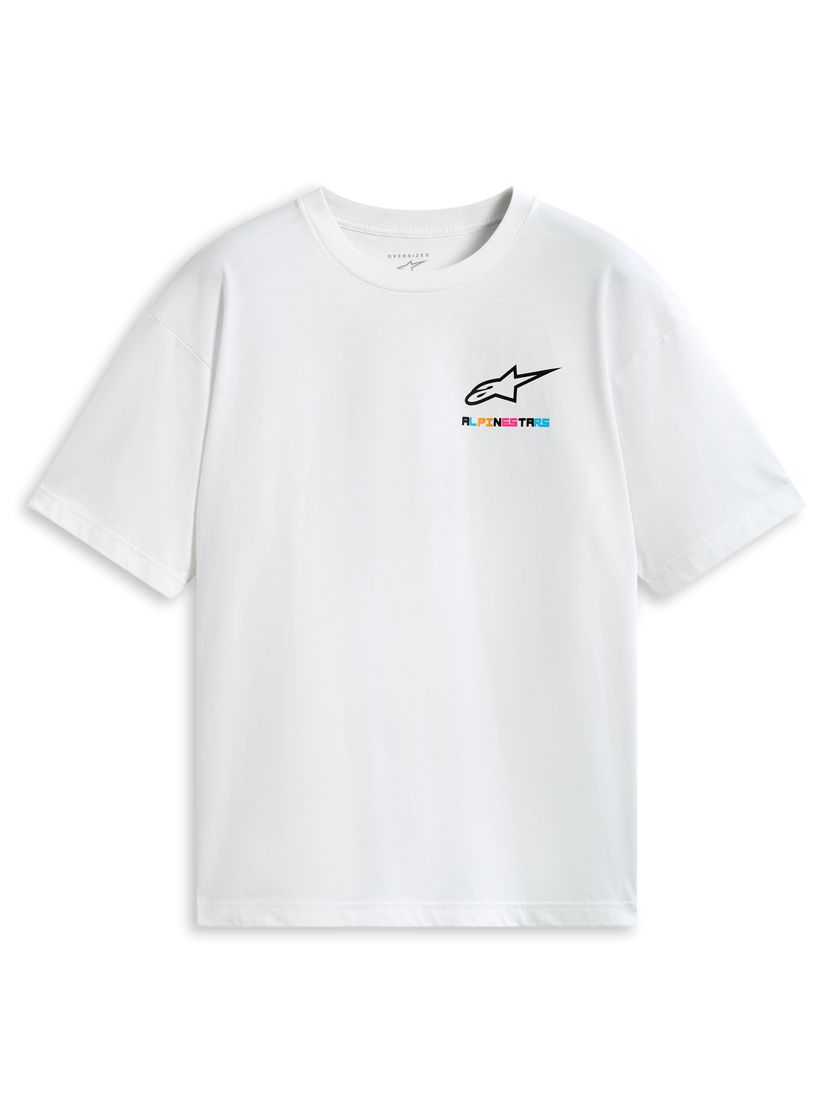 Alpinestars Wild Oversized CSF Tee, hvid kortærmet t-shirt med livligt flerfarvet logo på brystet, afslappet motorsport sportstøj