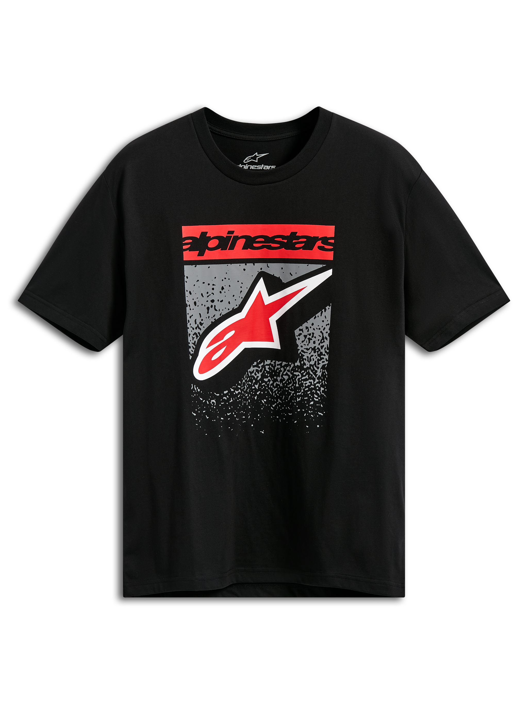 Alpinestars Noka CSF Tee, kortærmet t-shirt, sort, rødt Alpinestars-bloktekst og stjernelogo med grå MX-gradueringsgrafik, afslappet motorsport-streetwear