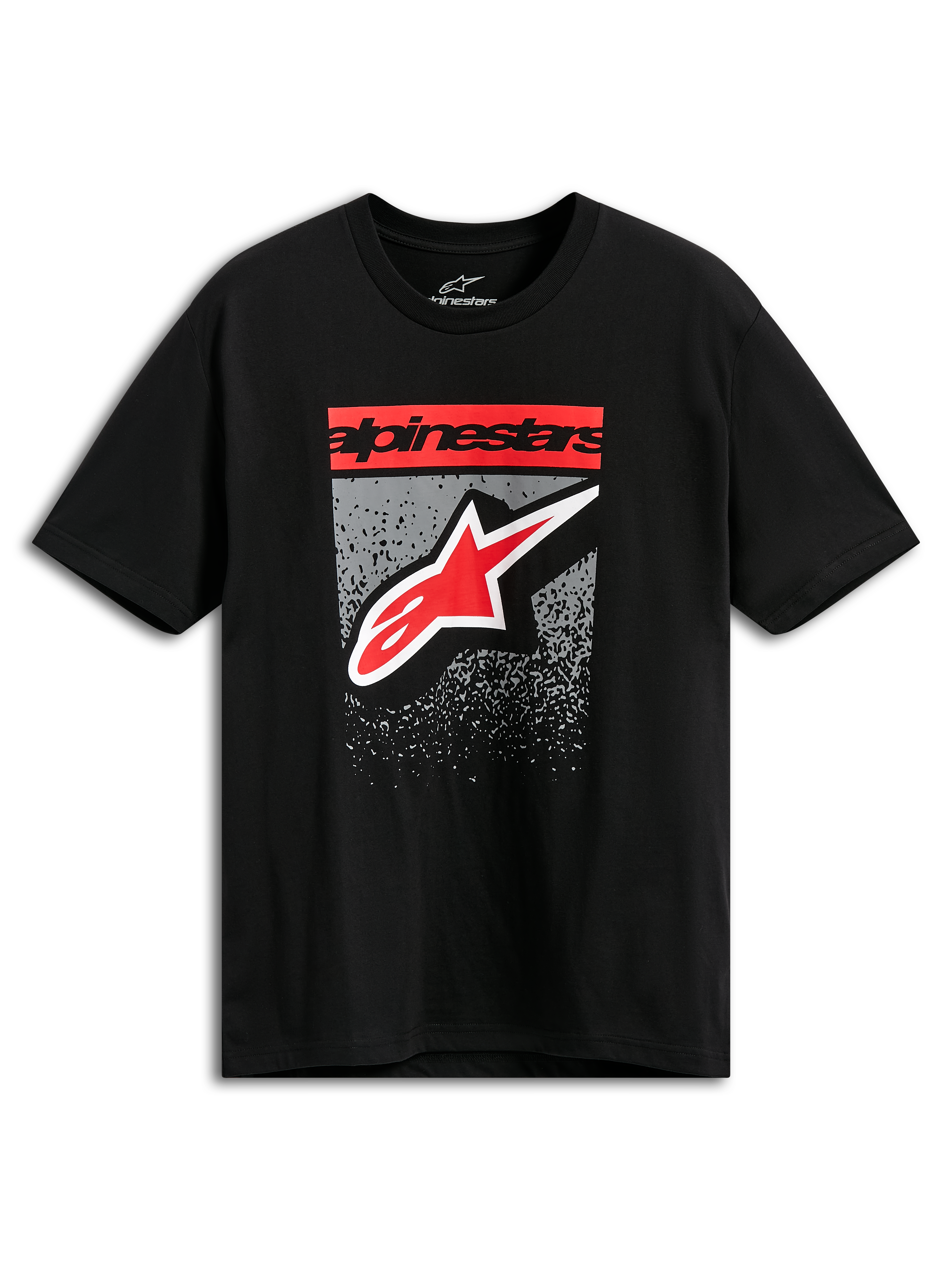 Alpinestars Noka CSF Tee, kortærmet t-shirt, sort, rødt Alpinestars-bloktekst og stjernelogo med grå MX-gradueringsgrafik, afslappet motorsport-streetwear