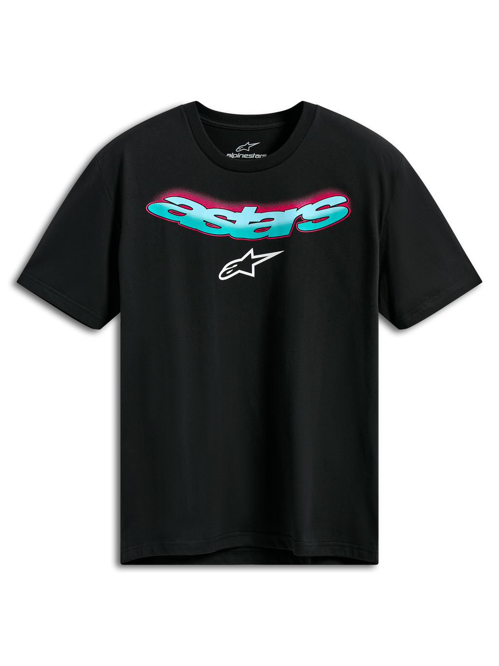 Alpinestars Ellipsoid CSF Tee, kortærmet t-shirt, sort, buet turkis Astars-tekst med lyserød farveovergang og hvidt logo, casual motorsport sportstøj