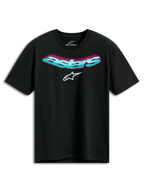Alpinestars Ellipsoid CSF Tee, kortærmet t-shirt, sort, buet turkis Astars-tekst med lyserød farveovergang og hvidt logo, casual motorsport sportstøj