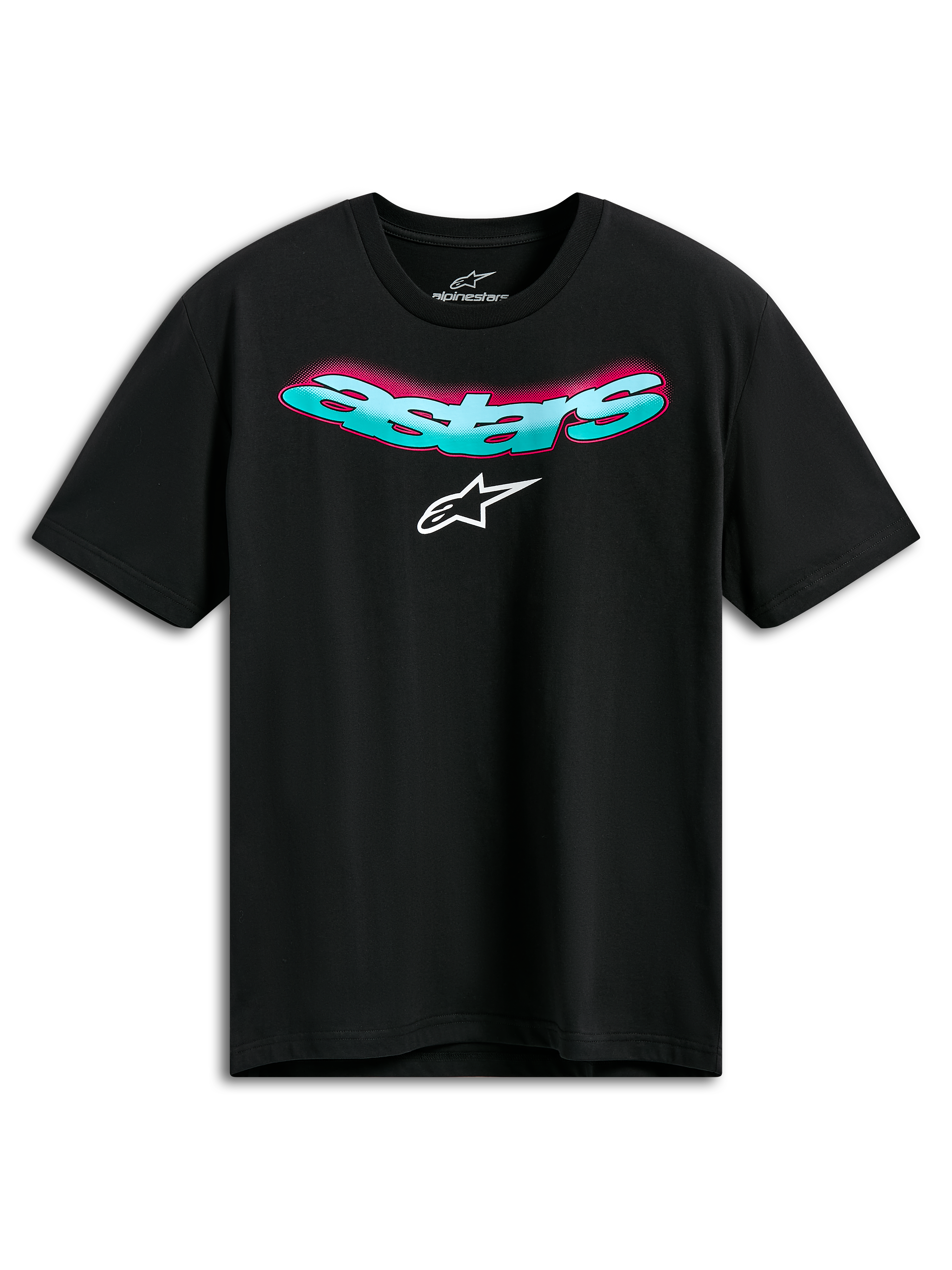 Alpinestars Ellipsoid CSF Tee, kortærmet t-shirt, sort, buet turkis Astars-tekst med lyserød farveovergang og hvidt logo, casual motorsport sportstøj