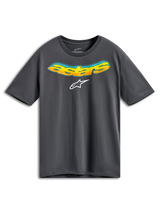 Alpinestars Ellipsoid CSF Tee, kortærmet T-shirt, koksgrå, buet Astars-tekst på forsiden med orange og gul farveovergang og blå halvtone-detaljer, hvidt Alpinestars-logo, afslappet sportstøj