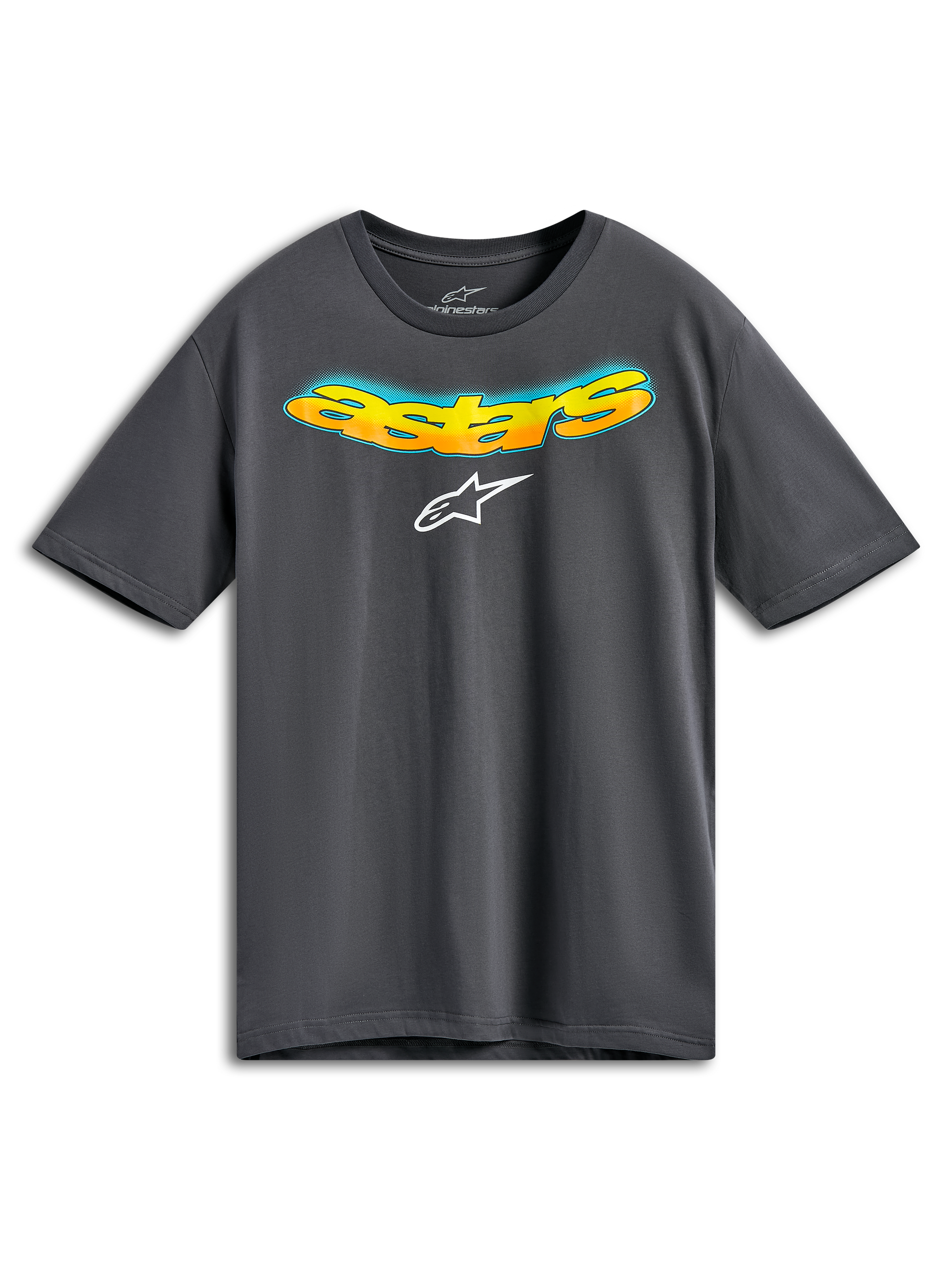 Alpinestars Ellipsoid CSF Tee, kortærmet T-shirt, koksgrå, buet Astars-tekst på forsiden med orange og gul farveovergang og blå halvtone-detaljer, hvidt Alpinestars-logo, afslappet sportstøj