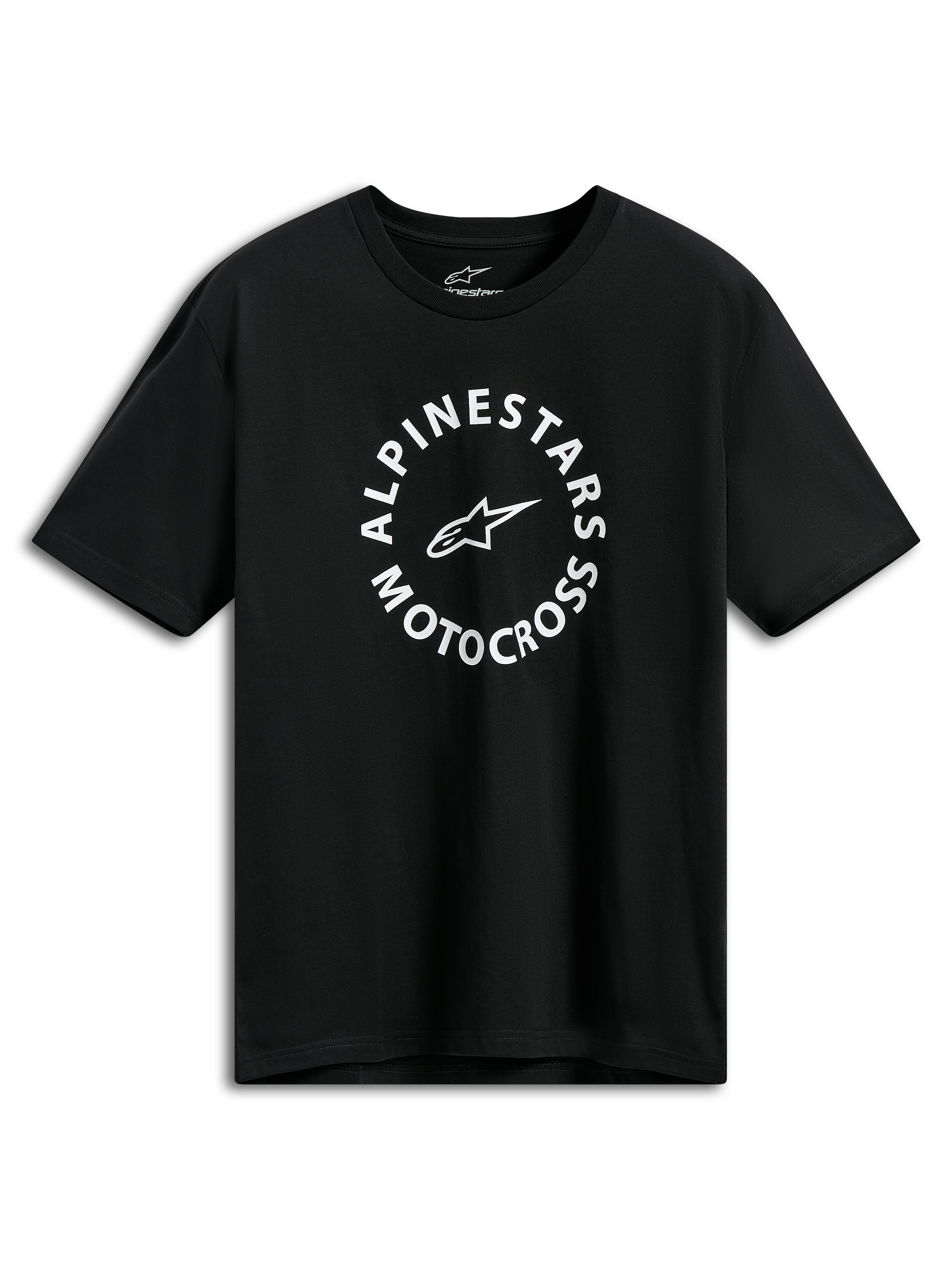 Alpinestars MX CSF Tee, kortærmet t-shirt, sort, hvid cirkulær Alpinestars Motocross-grafik, afslappet motorsport-streetwear
