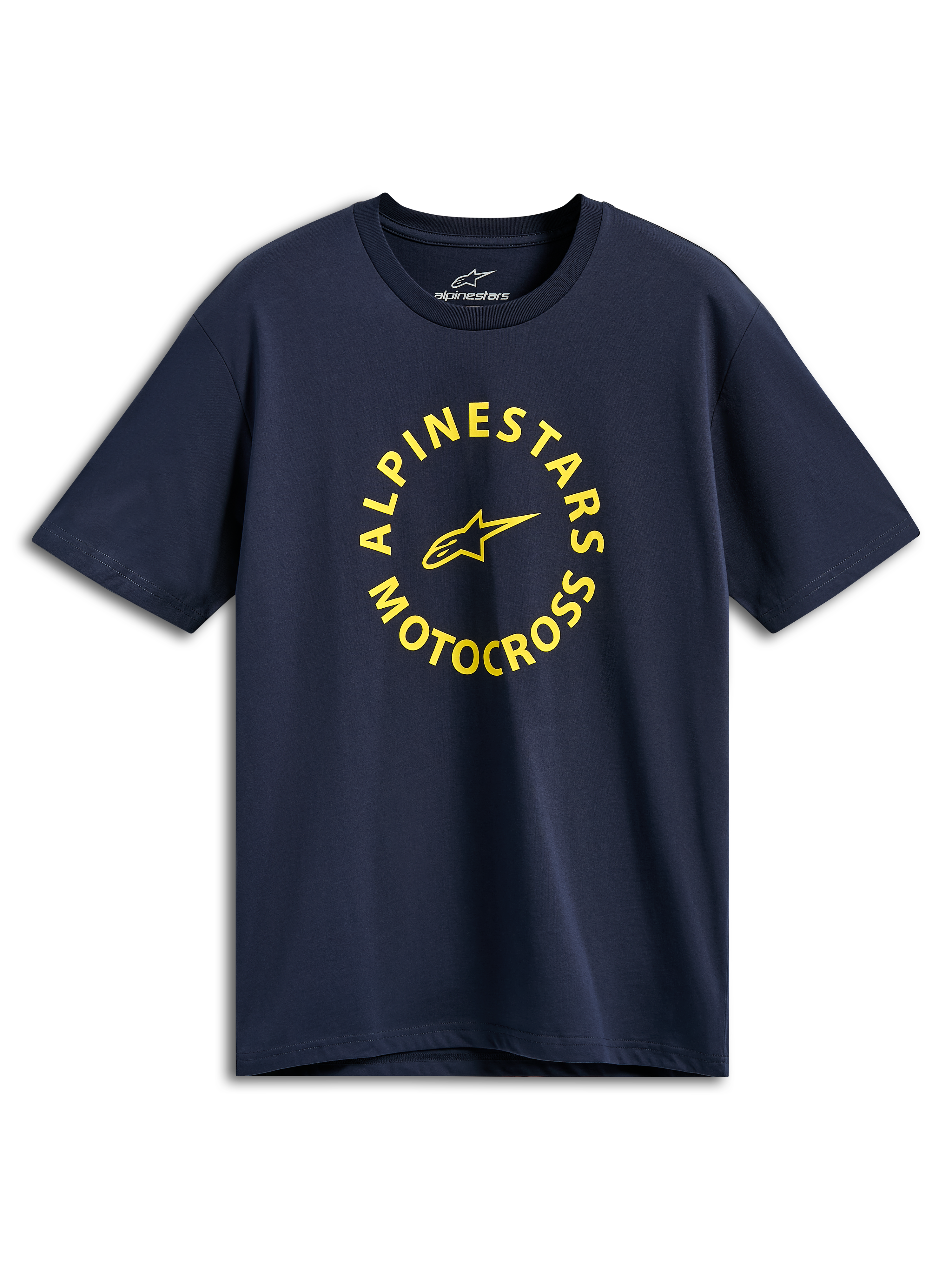 Alpinestars MX CSF T-shirt, kortærmet t-shirt, mørkeblå, gul cirkulær Alpinestars Motocross-grafik, afslappet motorsport streetwear
