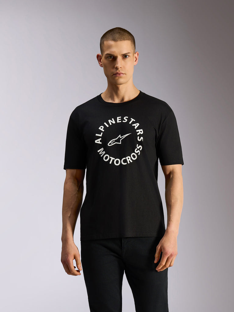 Alpinestars MX CSF Tee, kortærmet t-shirt, sort, hvid cirkulær Alpinestars Motocross-grafik, casual motorsport streetwear
