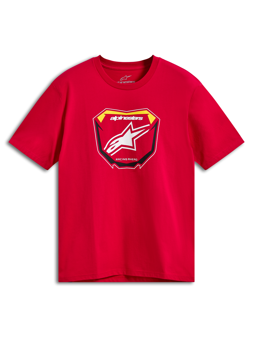 Alpinestars Plate CSF Tee, kortærmet t-shirt, rød, MX-pladegrafik på fronten med hvidt Astars-logo og Racing Ahead-tekst, afslappet motorsportstøj