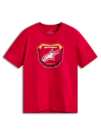 Alpinestars Plate CSF Tee, kortærmet t-shirt, rød, MX-pladegrafik på fronten med hvidt Astars-logo og Racing Ahead-tekst, afslappet motorsportstøj