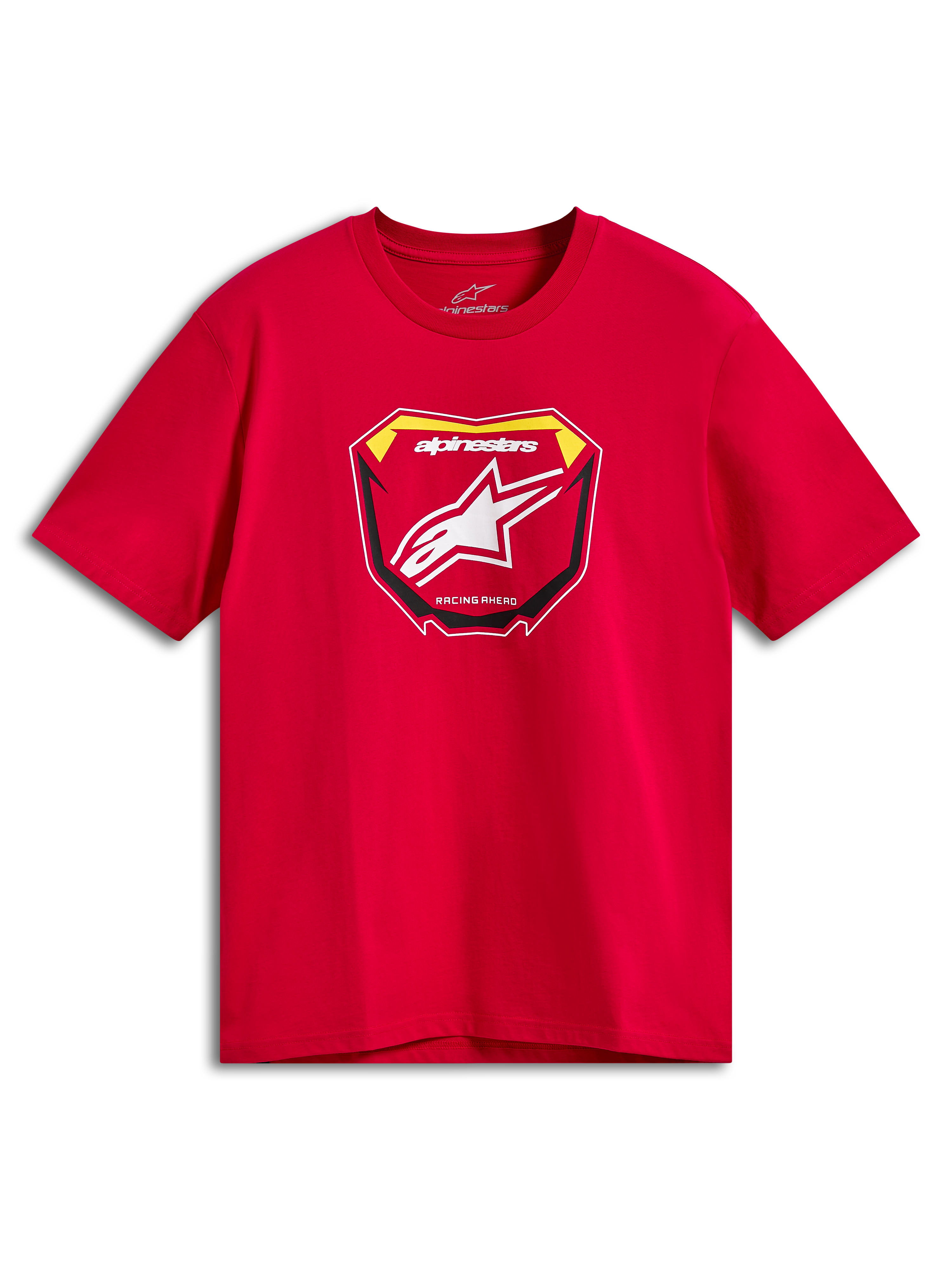 Alpinestars Plate CSF Tee, kortærmet t-shirt, rød, MX-pladegrafik på fronten med hvidt Astars-logo og Racing Ahead-tekst, afslappet motorsportstøj