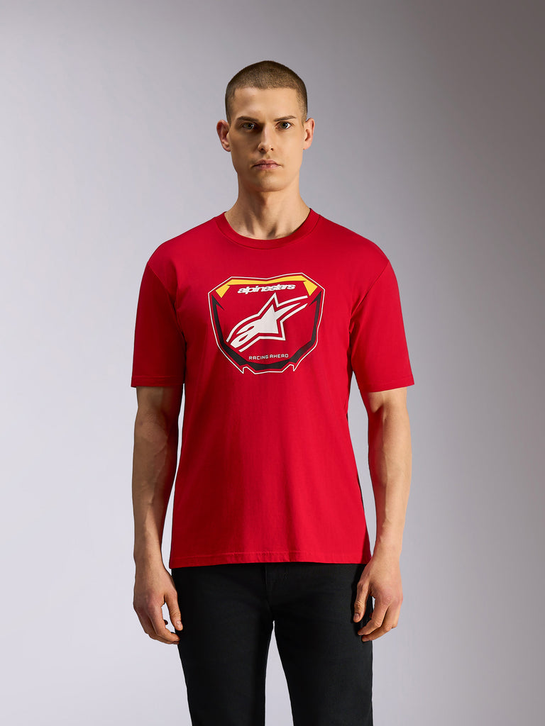 Alpinestars Plate CSF Tee, Short Sleeve T-Shirt, Red, Front Astars MX plate graphic with white star logo and "Racing Ahead" text, Casual Motorsport Streetwear