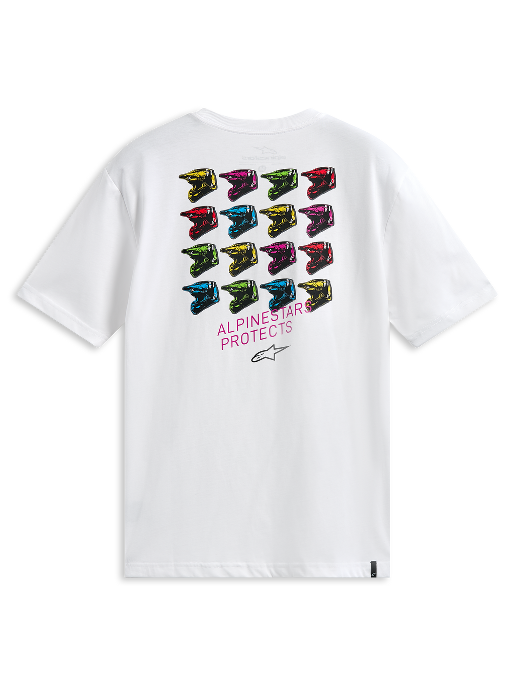Alpinestars Pop Helmet CSF Tee, kortærmet T-shirt, hvid, set bagfra med et gitter af flerfarvede M10-hjelme og ALPINESTARS PROTECTS-tekst, afslappet motorsport-inspireret streetwear