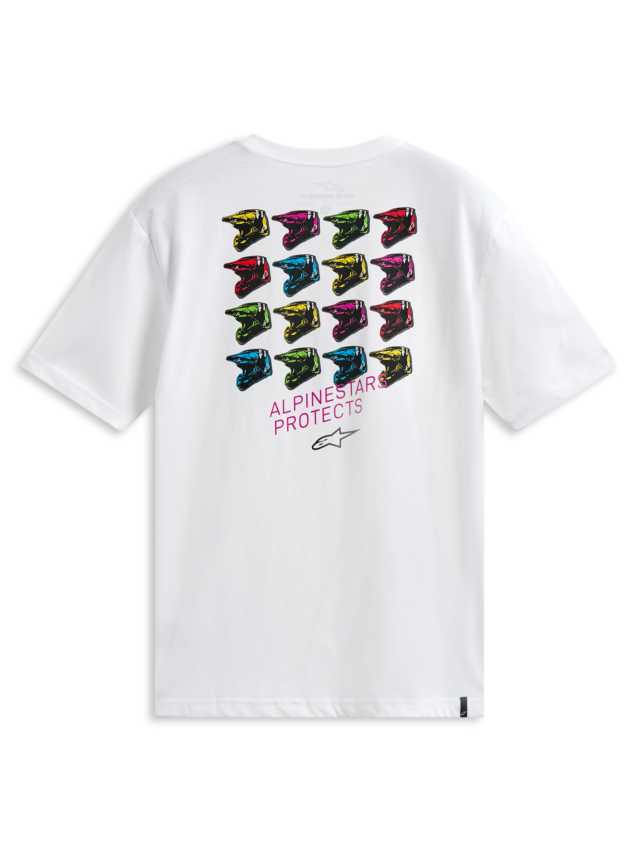 Alpinestars Pop Helmet CSF Tee, Short Sleeve T-Shirt, White, back view featuring a grid of multi-colored M10 helmets and ALPINESTARS PROTECTS text, casual motorsport-inspired streetwear