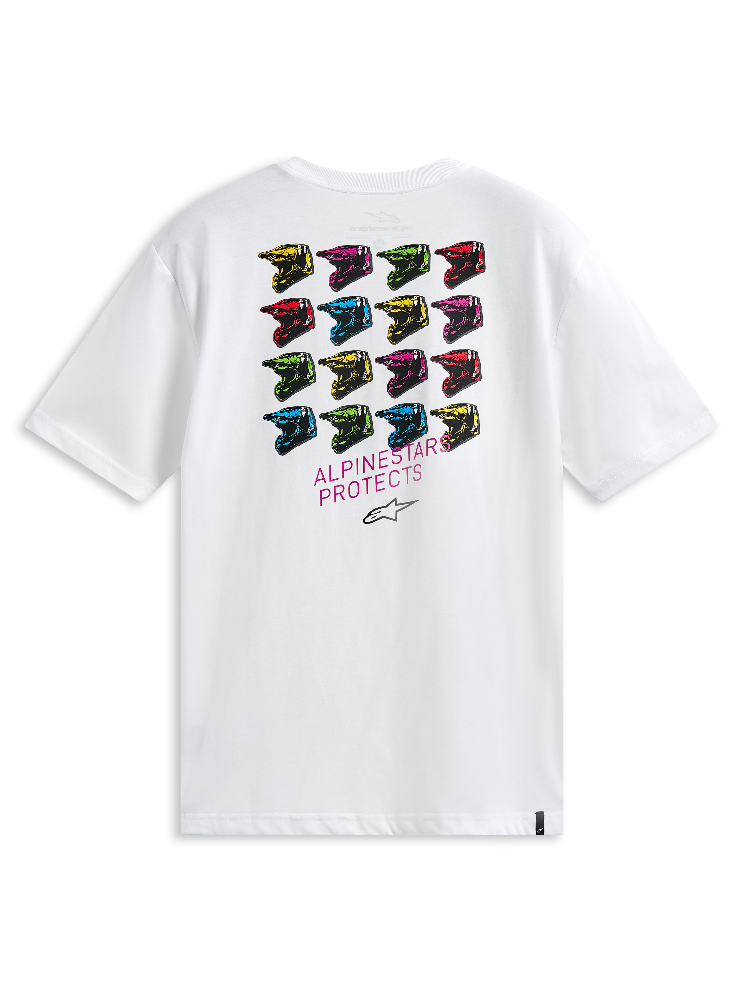 Alpinestars Pop Helmet CSF Tee, kortærmet T-shirt, hvid, set bagfra med et gitter af flerfarvede M10-hjelme og ALPINESTARS PROTECTS-tekst, afslappet motorsport-inspireret streetwear