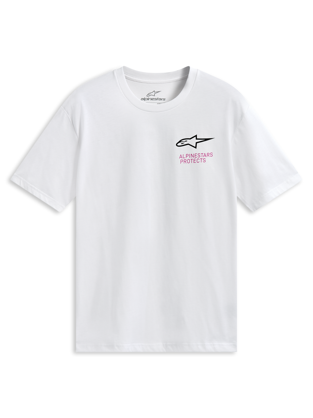 Alpinestars Pop Helmet CSF Tee, kortærmet t-shirt, hvid, med Astars-logo på fronten og farverig M10-hjelmgrafik på ryggen, casual motorsport-sportstøj