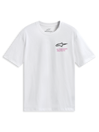 Alpinestars Pop Helmet CSF Tee, kortærmet t-shirt, hvid, med Astars-logo på fronten og farverig M10-hjelmgrafik på ryggen, casual motorsport-sportstøj
