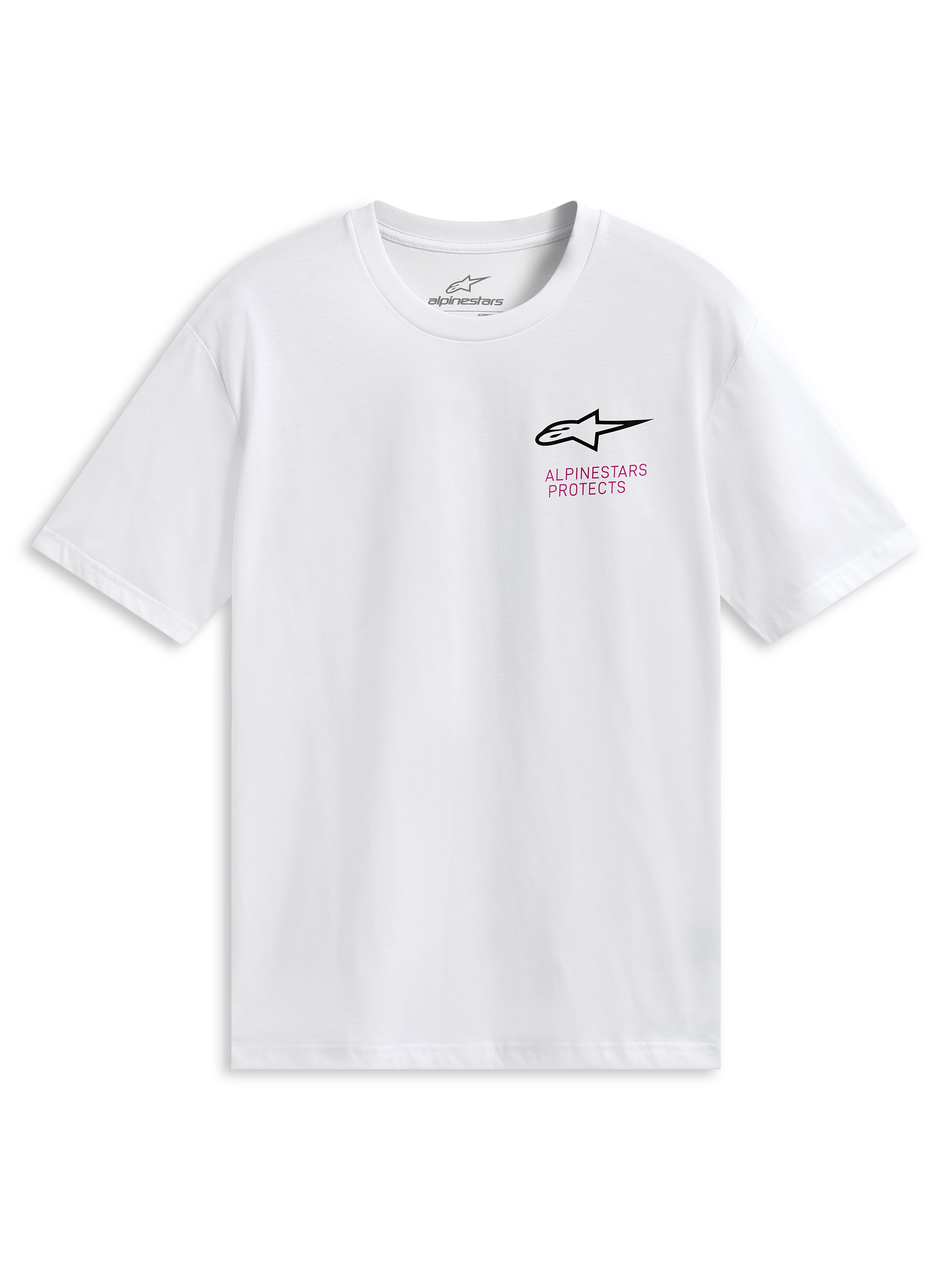 Alpinestars Pop Helmet CSF Tee, kortærmet t-shirt, hvid, med Astars-logo på fronten og farverig M10-hjelmgrafik på ryggen, casual motorsport-sportstøj