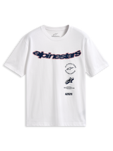 Alpinestars Abus CSF Tee, kortærmet t-shirt, hvid, buet navyblåt Alpinestars-logo med rød kontur, flere stablede grafikker på fronten, afslappet motorsport-streetwear
