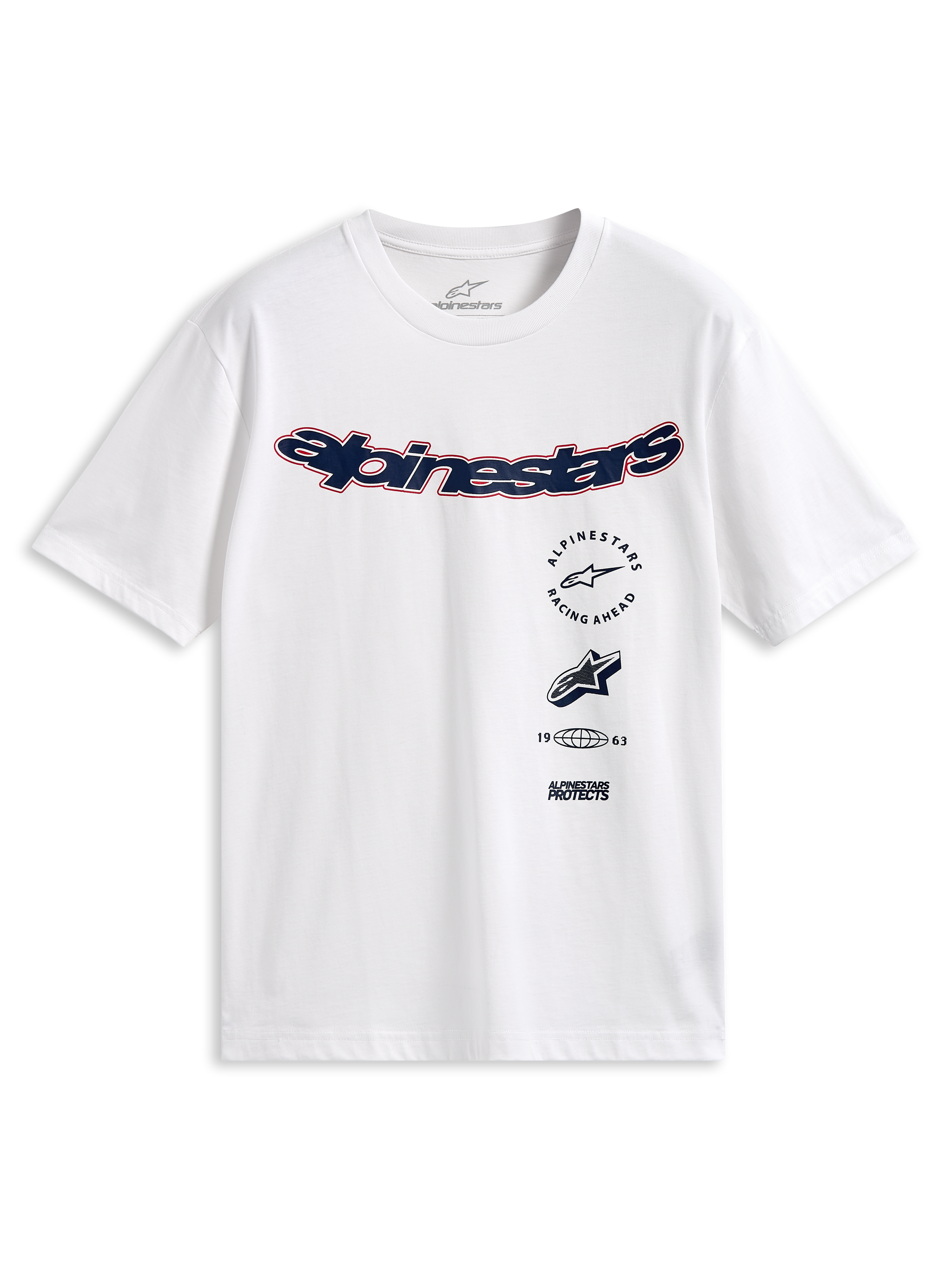 Alpinestars Abus CSF Tee, kortærmet t-shirt, hvid, buet navyblåt Alpinestars-logo med rød kontur, flere stablede grafikker på fronten, afslappet motorsport-streetwear