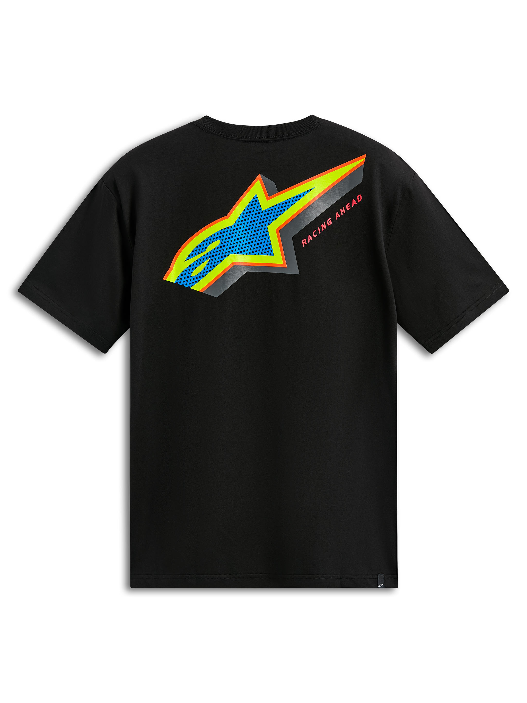 Alpinestars Angler CSF Tee, kortærmet t-shirt, sort, set bagfra med flerfarvet Astars-logo med blåt perforeret fyld og Racing Ahead-tekst, afslappet motorsport streetwear