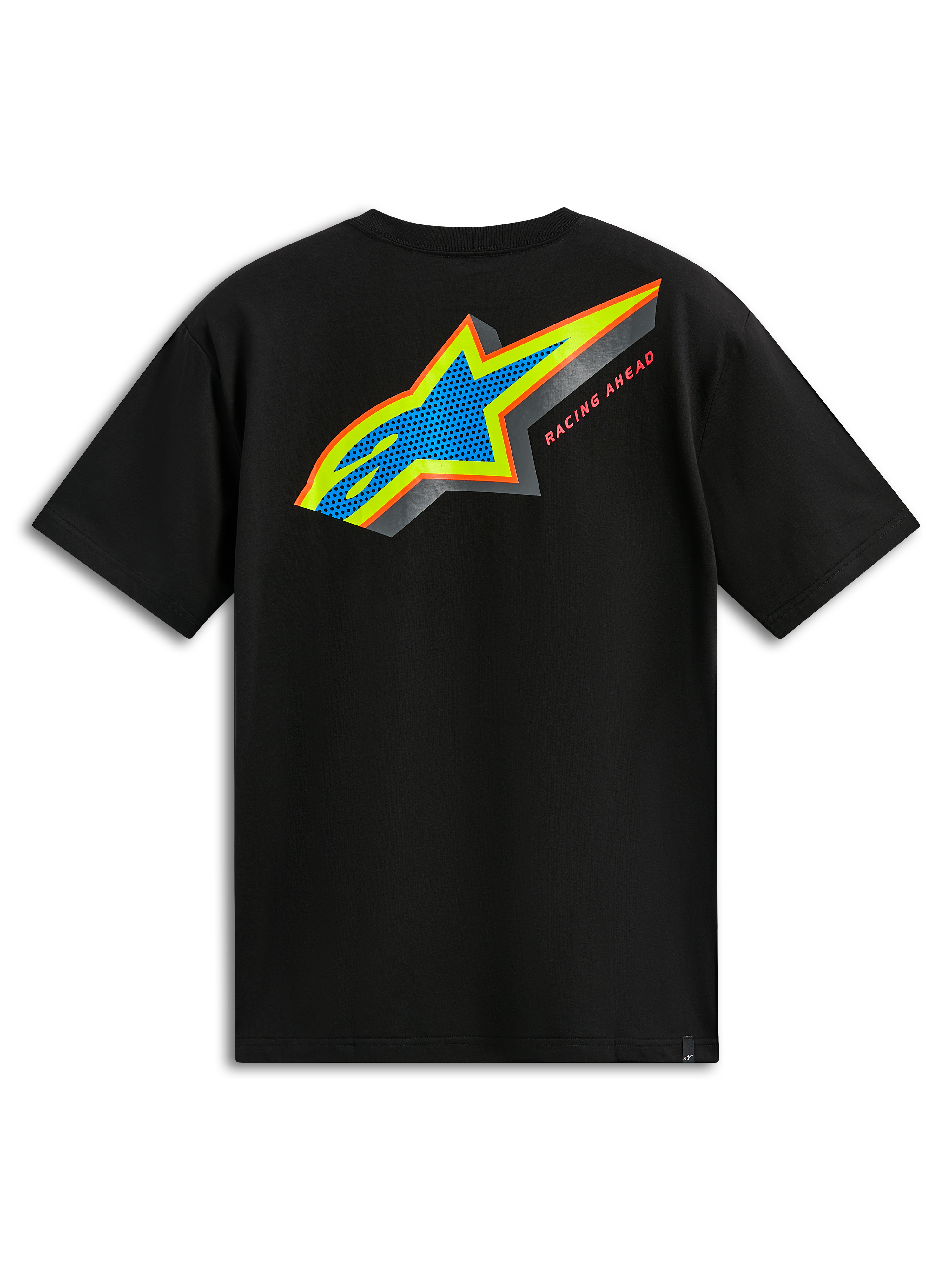 Alpinestars Angler CSF Tee, Short Sleeve T-Shirt, Black, Back View featuring Multi-Color Astars Logo with Blue Perforated Fill and Racing Ahead Text, Casual Motorsport Streetwear