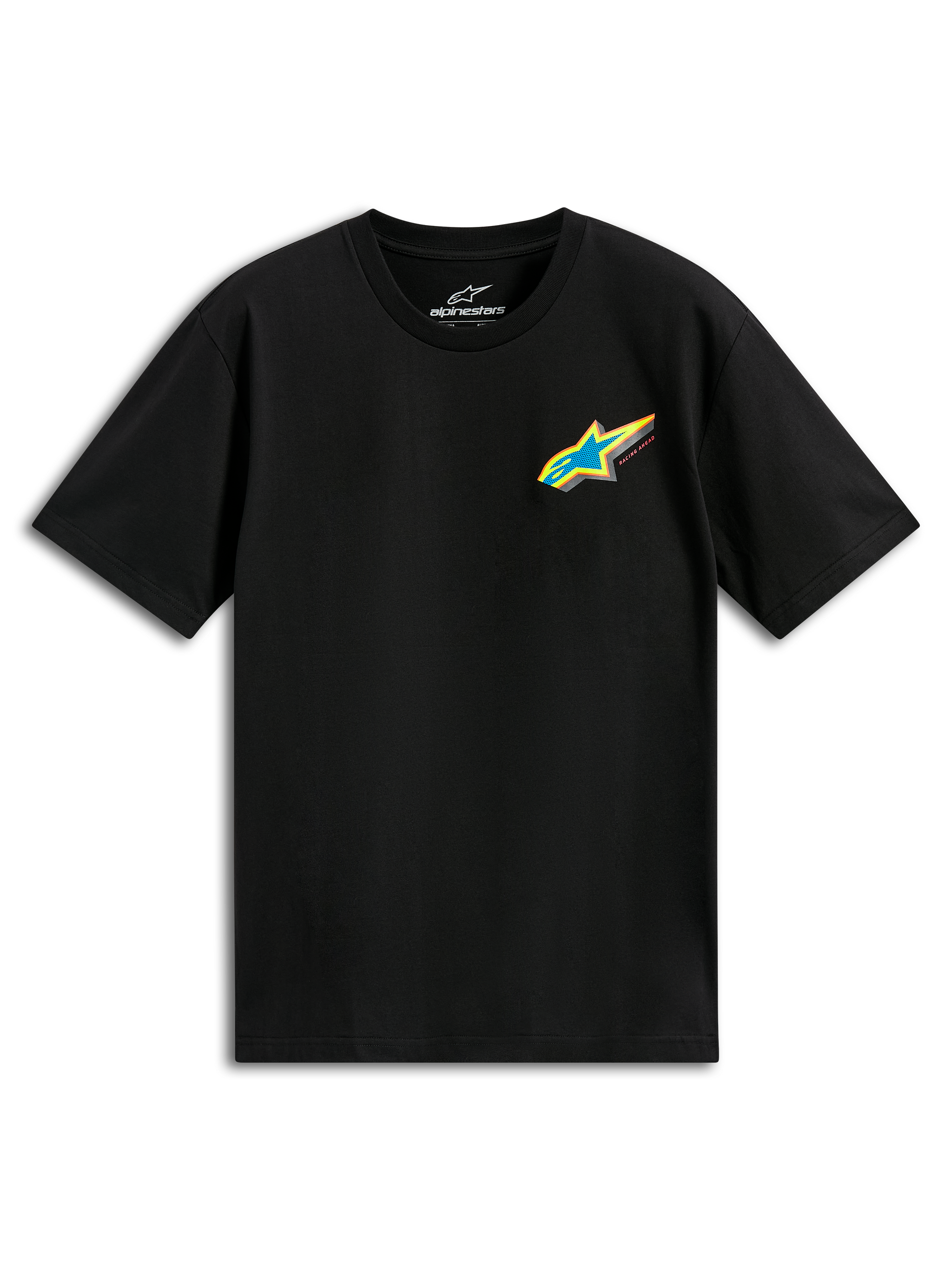 Alpinestars Angler CSF Tee, kortærmet T-shirt, sort, livligt flerfarvet Astars-logo med blå stjerne og gul kant på brystet, casual motorsport streetwear