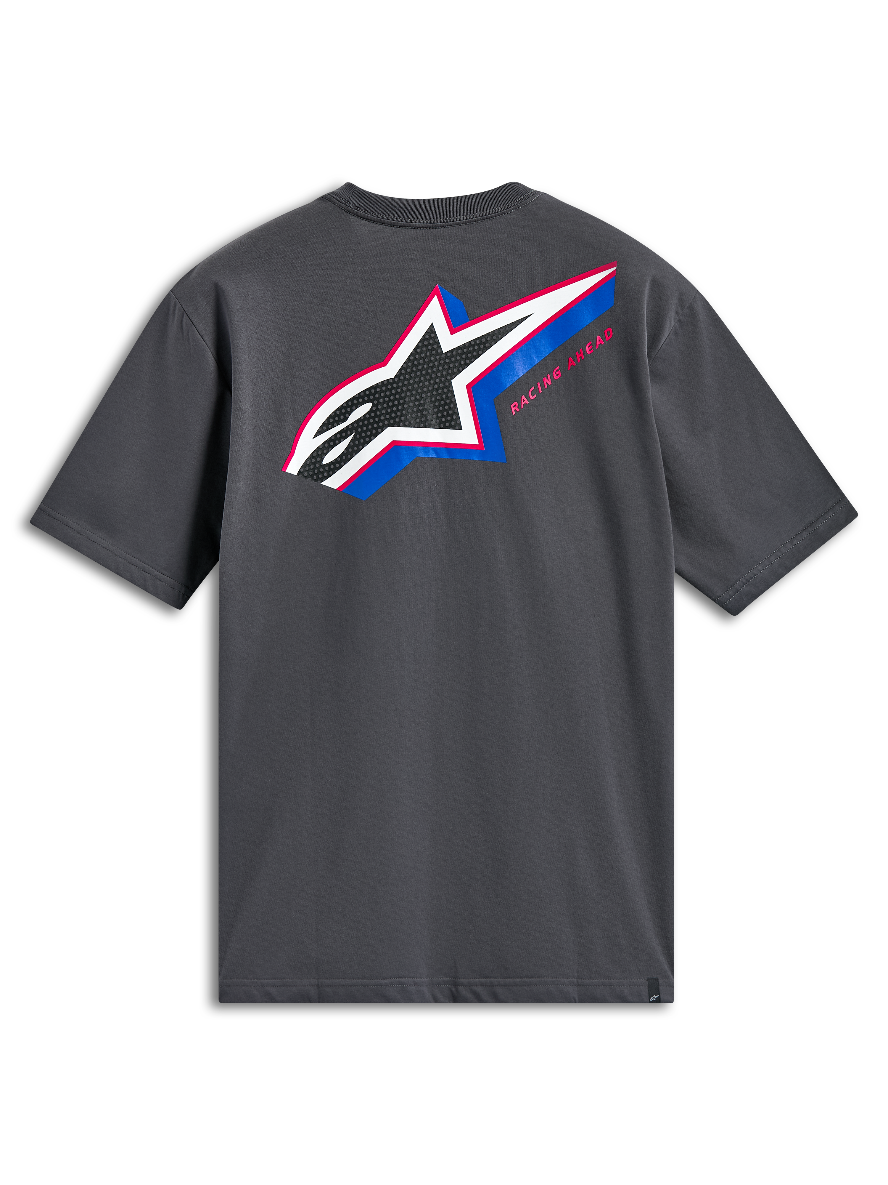 Alpinestars Angler CSF Tee, kortærmet T-shirt, koksgrå, set bagfra med stort flerfarvet Astars-logo med perforeret fyld, blå og lyserøde detaljer og 'Racing Ahead'-tekst, afslappet motorsport-streetwear