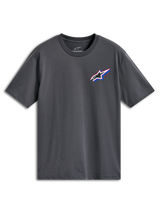Alpinestars Angler CSF Tee, Short Sleeve T-Shirt, Charcoal Gray, multi-color Astars logo on left chest with red and blue accents, Casual Motorsport Streetwear