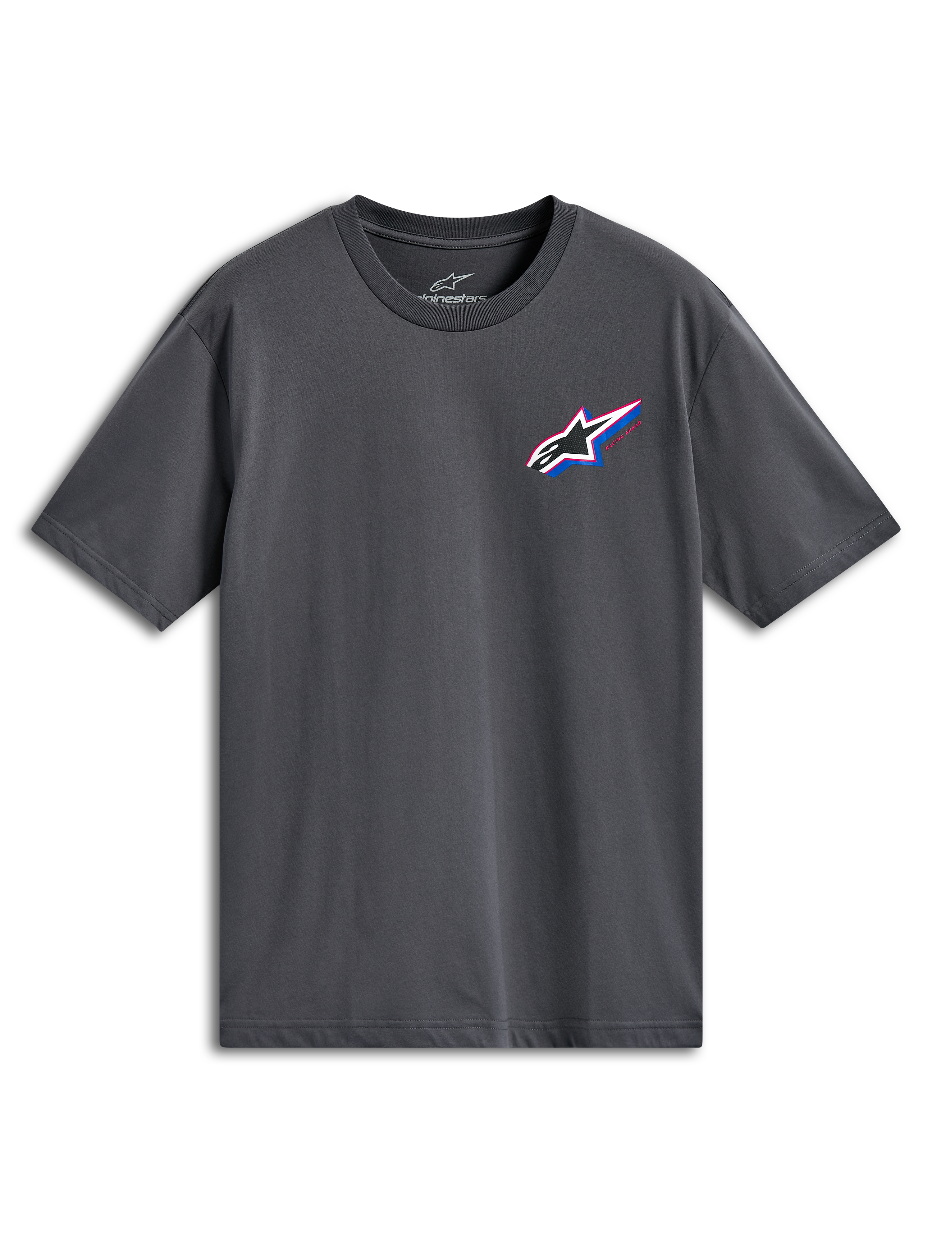 Alpinestars Angler CSF T-shirt, kortærmet T-shirt, koksgrå, flerfarvet Astars-logo på venstre bryst med røde og blå detaljer, afslappet motorsport-streetwear