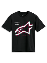 Alpinestars Authority CSF Tee, kortærmet t-shirt, sort, stort hvidt Astars-logo med lyserød kontur, med teksten 'Alpinestars Protects' og 'Racing Ahead', casual motorsport streetwear