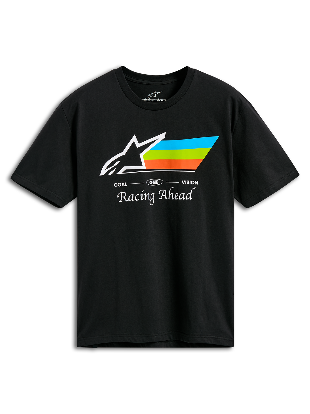Alpinestars Trifecta CSF Tee, kortærmet t-shirt, sort, med hvidt Astars-logo og striber i cyan, grøn og orange, 'Racing Ahead'-skrift, casual motorsport-sportstøj