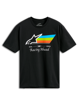 Alpinestars Trifecta CSF Tee, kortærmet t-shirt, sort, med hvidt Astars-logo og striber i cyan, grøn og orange, 'Racing Ahead'-skrift, casual motorsport-sportstøj