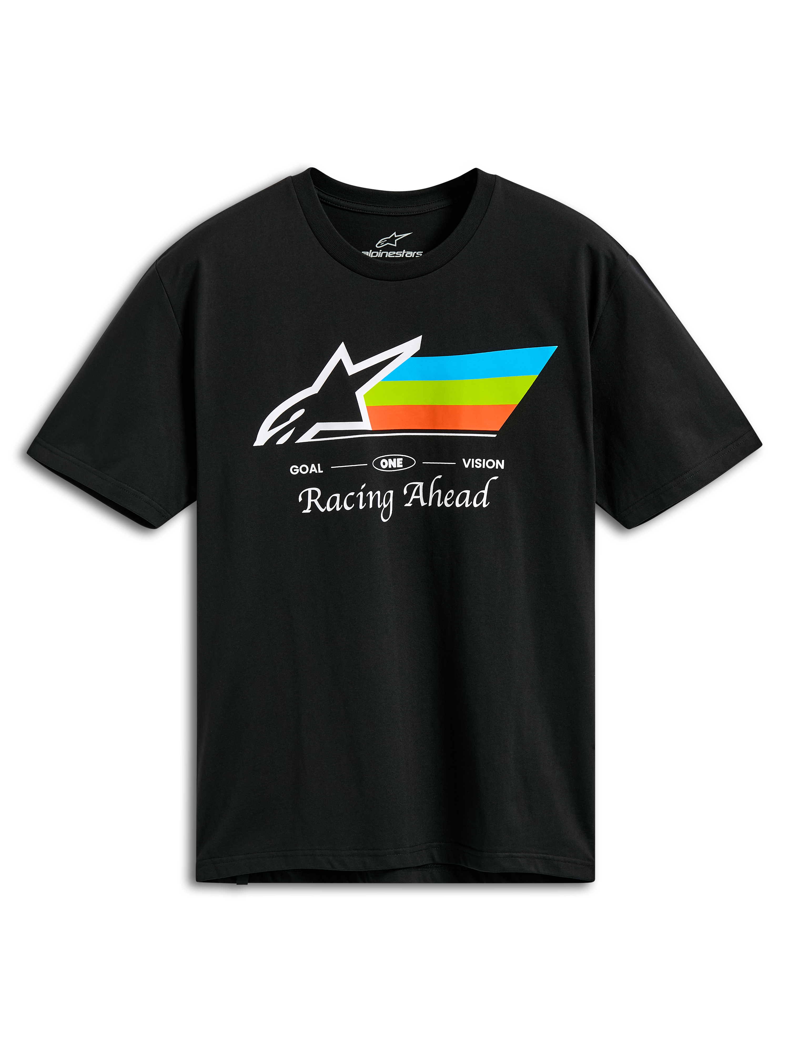 Alpinestars Trifecta CSF Tee, kortærmet t-shirt, sort, med hvidt Astars-logo og striber i cyan, grøn og orange, 'Racing Ahead'-skrift, casual motorsport-sportstøj