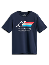Alpinestars Trifecta CSF Tee, kortærmet t-shirt, mørkeblå, hvidt Astars-logo med røde, grå og cyanfarvede striber, GOAL ONE VISION og Racing Ahead-tekst, casual motorsport-streetwear
