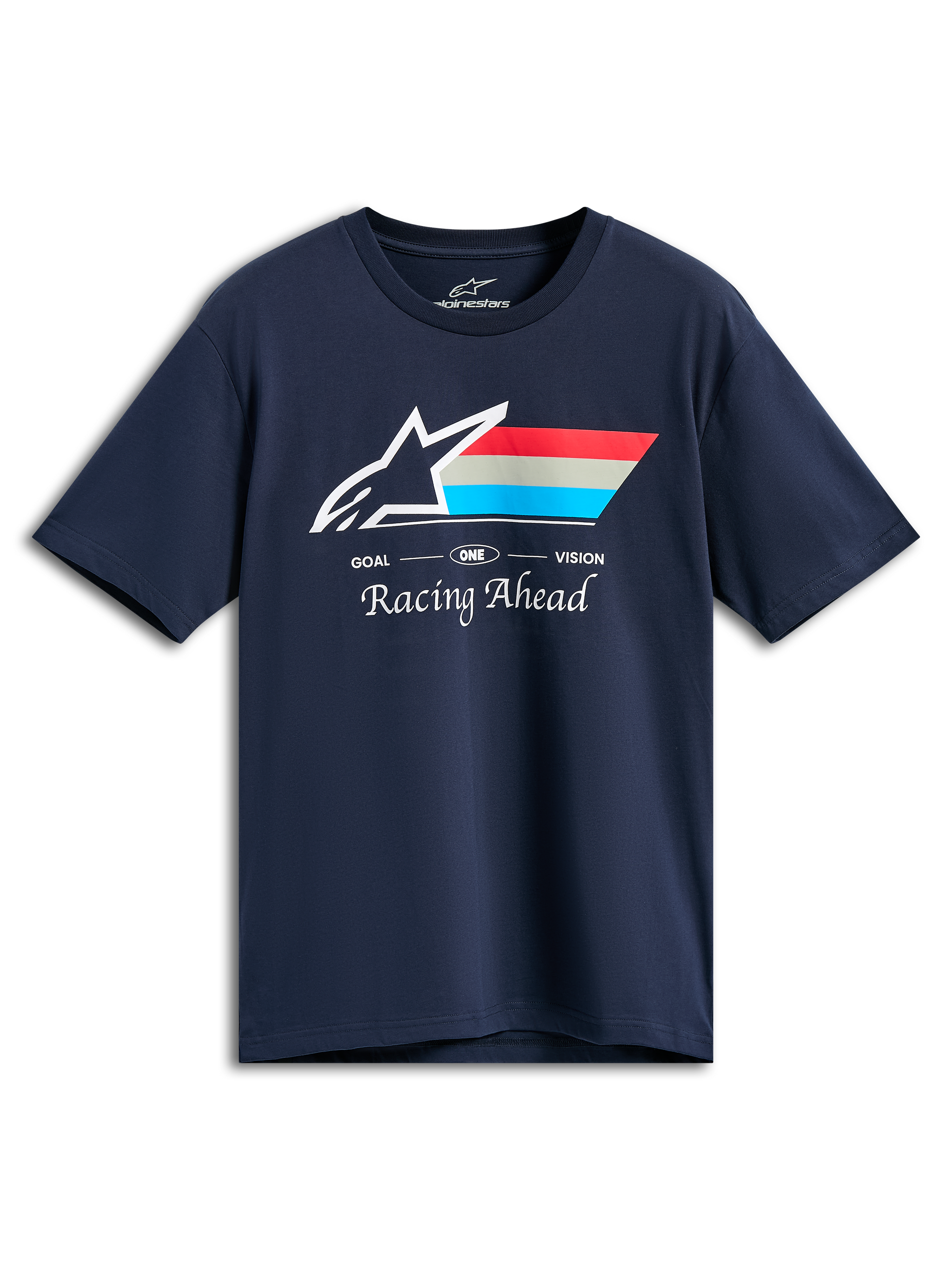 Alpinestars Trifecta CSF Tee, kortærmet t-shirt, mørkeblå, hvidt Astars-logo med røde, grå og cyanfarvede striber, GOAL ONE VISION og Racing Ahead-tekst, casual motorsport-streetwear