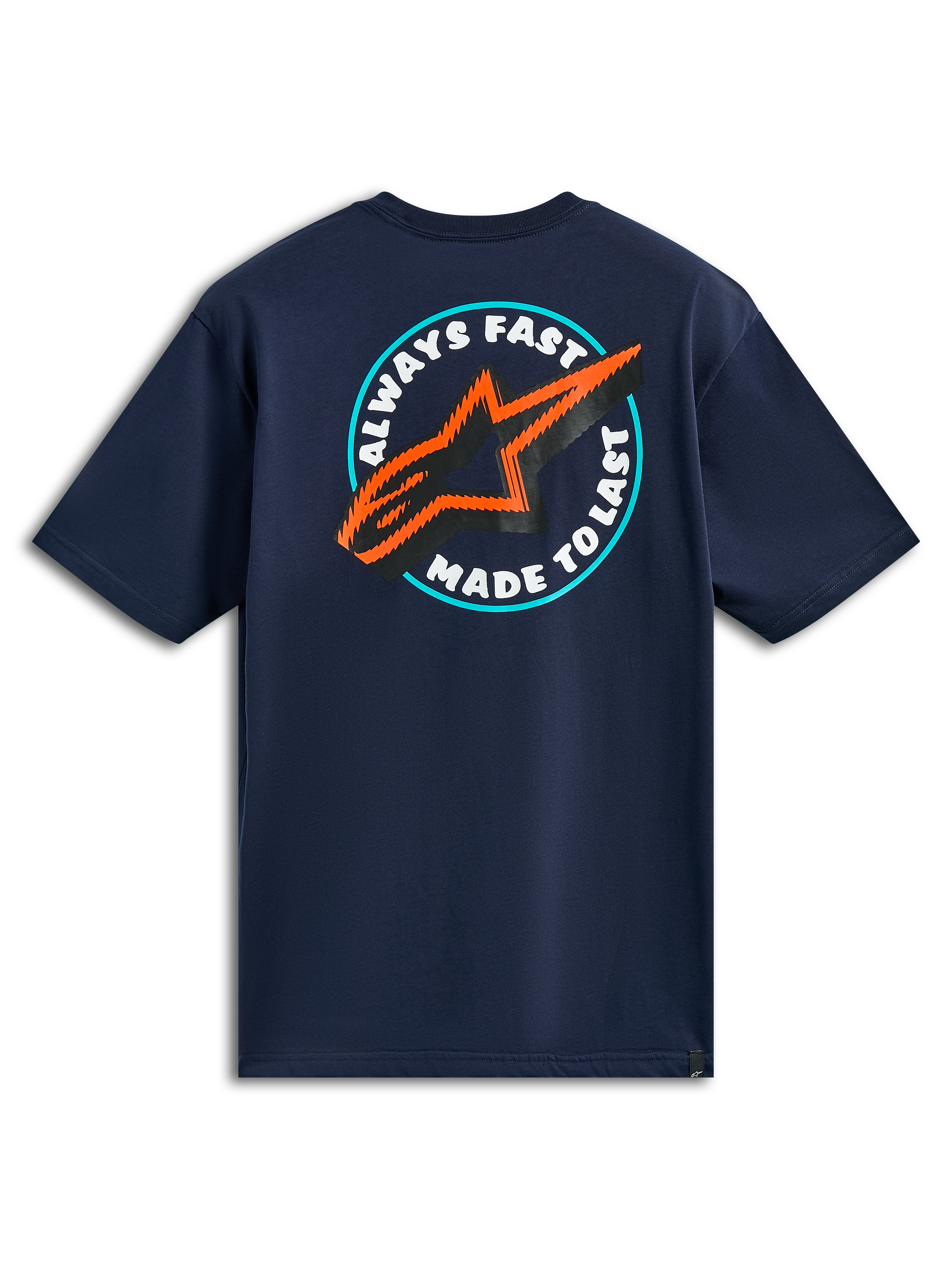 Alpinestars Aorbit CSF Tee, kortærmet t-shirt, marineblå, set bagfra med rund Always Fast Made to Last-grafik og orange og sort stjerne-logo, casual motorsport streetwear