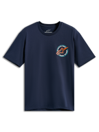 Alpinestars Aorbit CSF Tee, kortærmet T-shirt, marineblå, rund brystgrafik med orange Astars-logo og Always Fast Made to Last tekst, casual motorsport-sportstøj