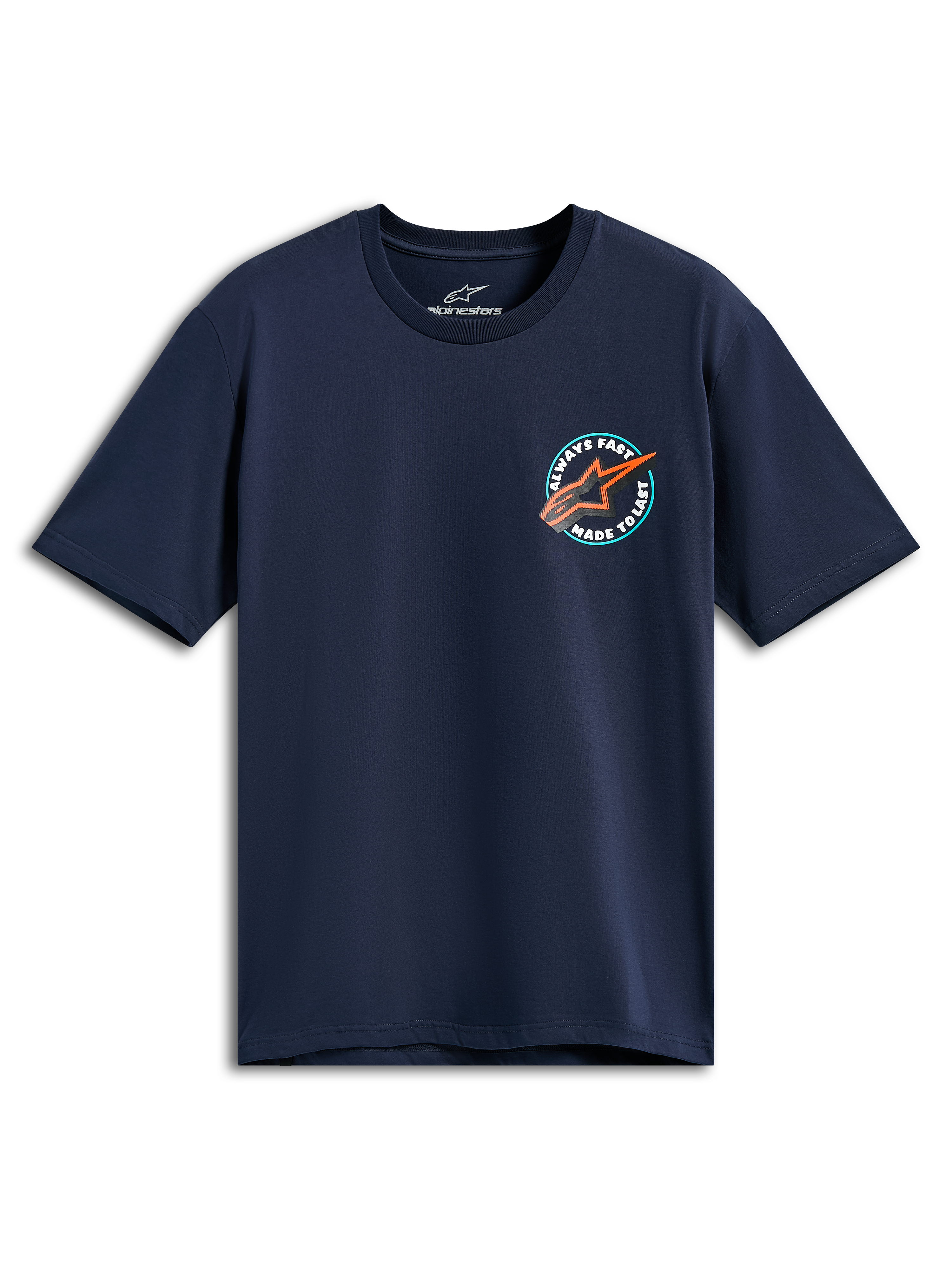 Alpinestars Aorbit CSF Tee, kortærmet T-shirt, marineblå, rund brystgrafik med orange Astars-logo og Always Fast Made to Last tekst, casual motorsport-sportstøj