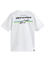 Alpinestars Lanes CSF T-shirt, kortærmet hvid T-shirt, med Alpinestars-ordmærke og Astars-logo over blå og limegrønne striber på ryggen, casual motorsport-streetwear