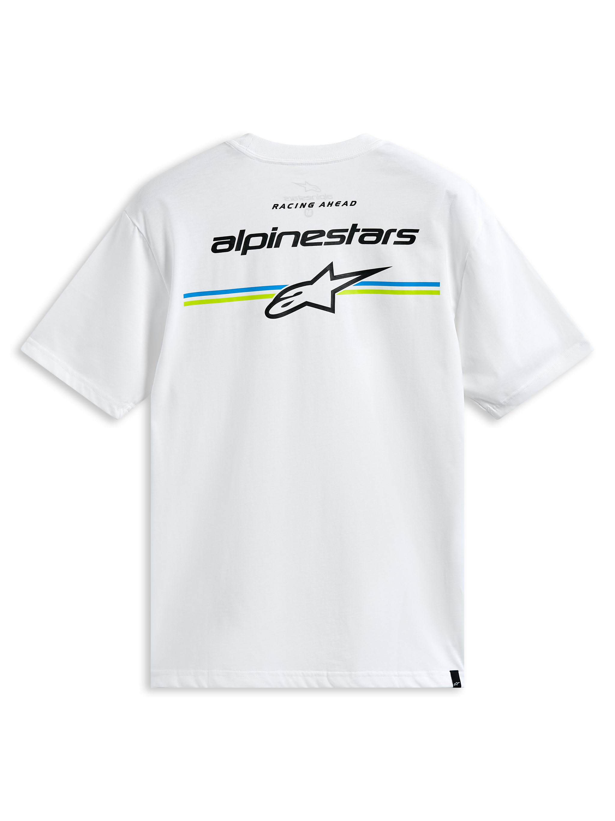 Alpinestars Lanes CSF T-shirt, kortærmet hvid T-shirt, med Alpinestars-ordmærke og Astars-logo over blå og limegrønne striber på ryggen, casual motorsport-streetwear