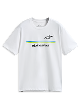 Alpinestars Lanes CSF Tee, kortærmet t-shirt, hvid, sorte Astars- og Alpinestars-logoer med blå og limegrønne vandrette striber, afslappet motorsport-sportstøj