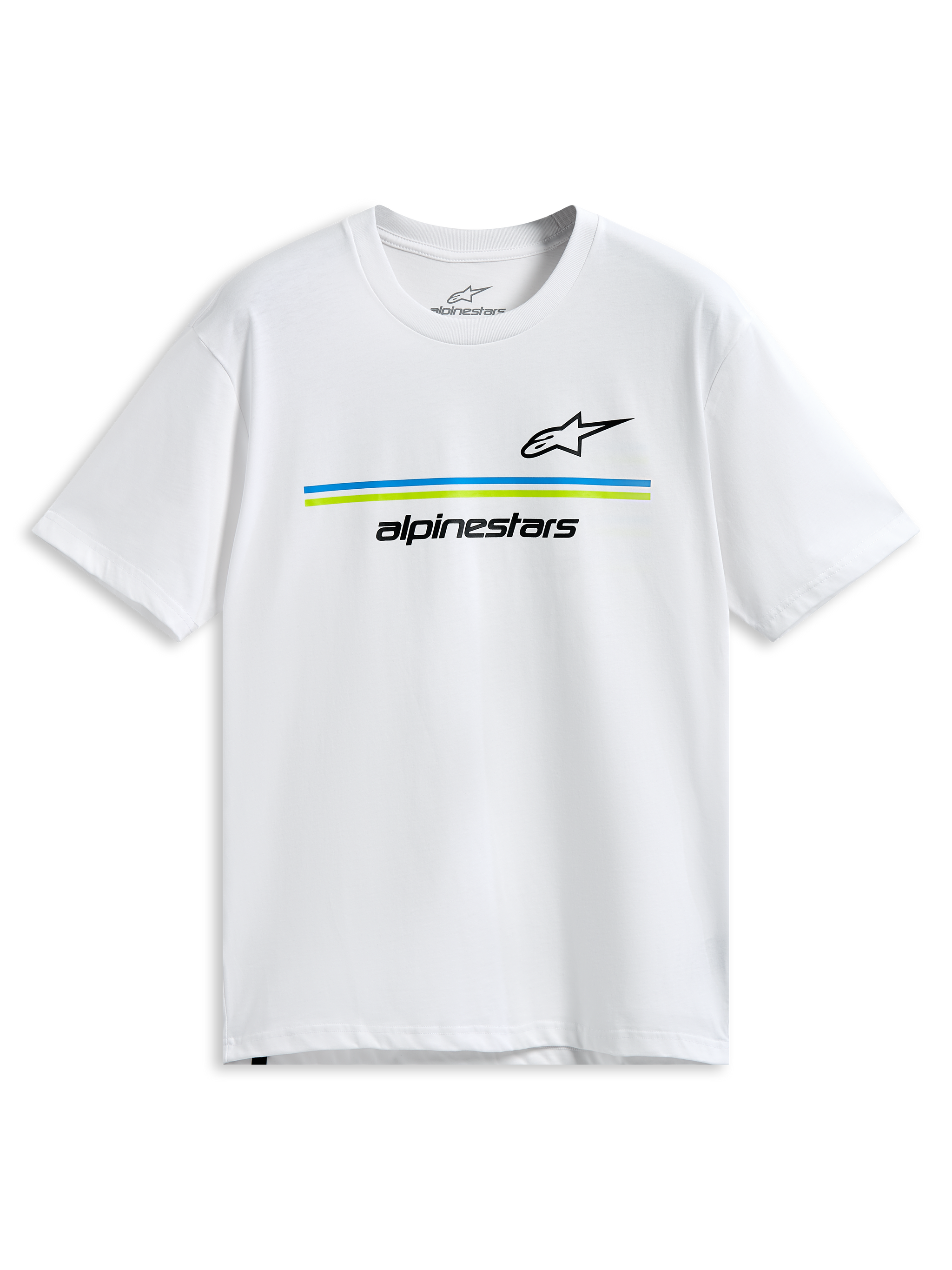 Alpinestars Lanes CSF Tee, kortærmet t-shirt, hvid, sorte Astars- og Alpinestars-logoer med blå og limegrønne vandrette striber, afslappet motorsport-sportstøj