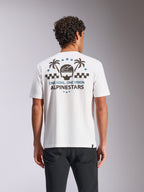 Alpinestars Order CSF Tee, Short Sleeve T-Shirt, White, Back view showing helmet and palm tree graphic with 'ONE GOAL. ONE VISION.' text, casual motorsport streetwear